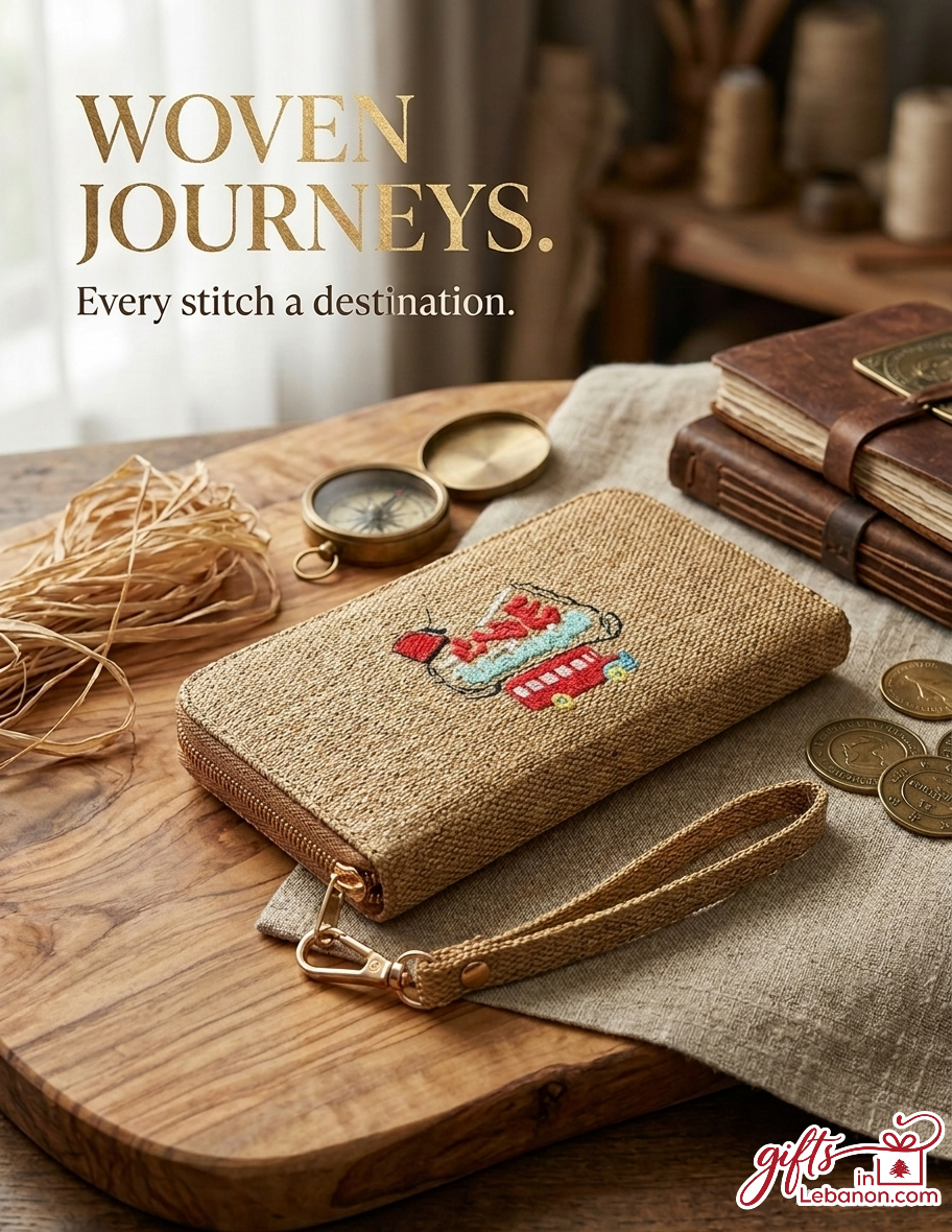 Embroidered Lebanese Bus Woven Wristlet Wallet on a Wooden Table