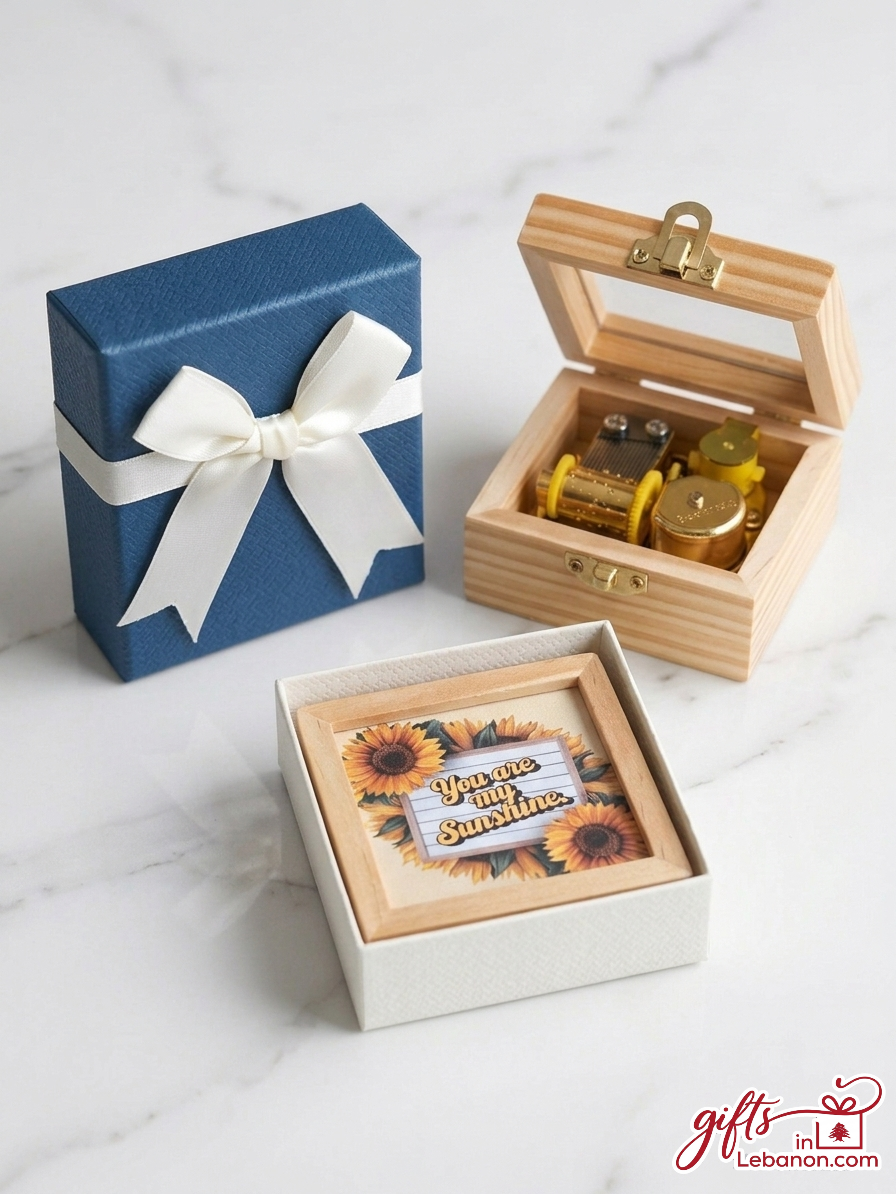 You Are My Sunshine wooden music box with elegant blue gift box